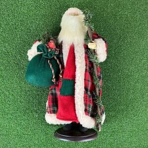 VTG Holiday Workshop Tartan Plaid Santa Porcelain Face & Hands Wooden Stand 18"